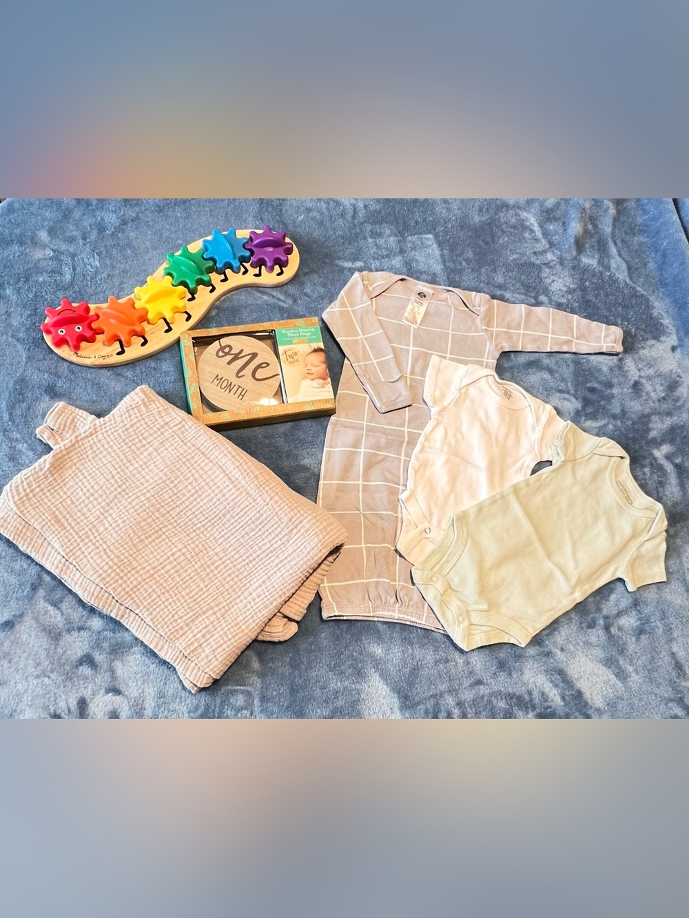 Neutral Baby Bundle — Onesies, Gown & Swaddle with Rainbow Toy
